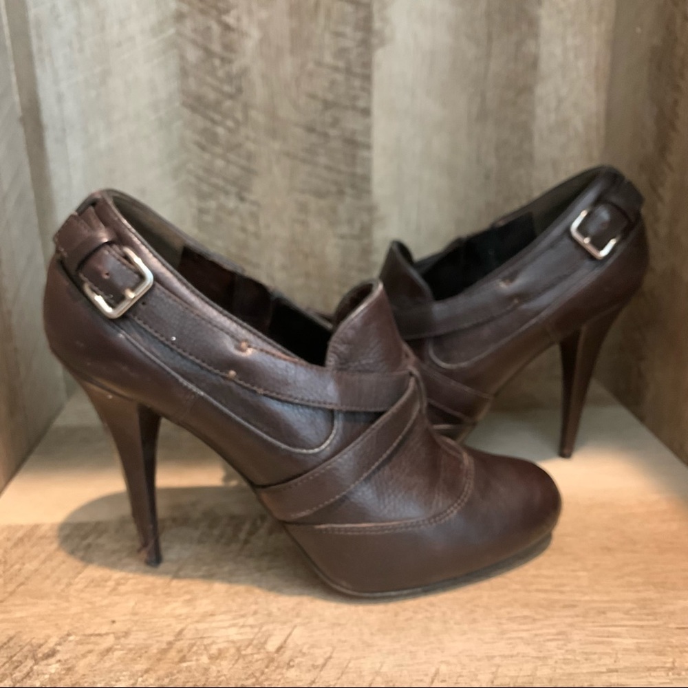 Miu Miu brown buckle stiletto ankle booties 38